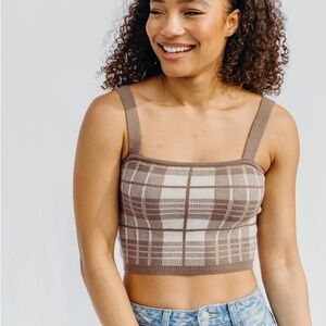 Love Tree Brown and Cream Plaid Knit Crop Top